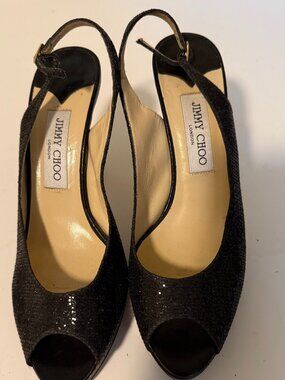 Jimmy Choo Open Peep Toe Black Sequin Slingback Heels